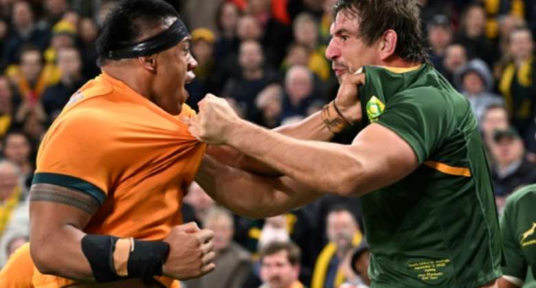 South Africa's Eben Etzebeth right squares up with Australia's Allan Alaalatoa during the heated Springboks win in Sydney.  By SAEED KHAN AFP