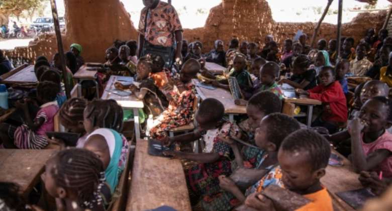 The jihadist insurgency in Burkina Faso has displaced more than two million people. Pictured: A makeshift classroom in the north-central town of Kaya.  By OLYMPIA DE MAISMONT AFP