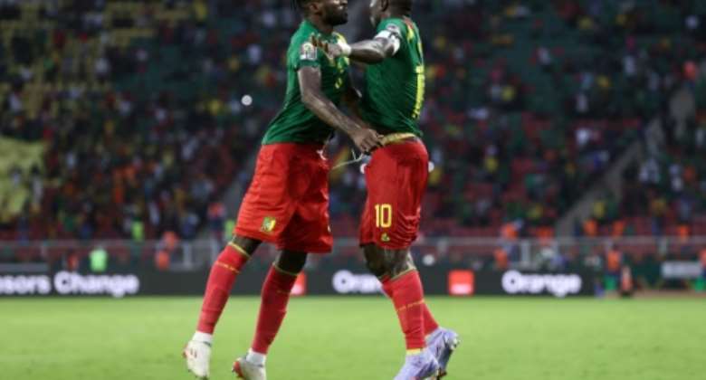 Vincent Aboubakar R celebrates after scoring in Cameroon's 4-1 win over Ethiopia at the Africa Cup of Nations on Thursday.  By KENZO TRIBOUILLARD AFP