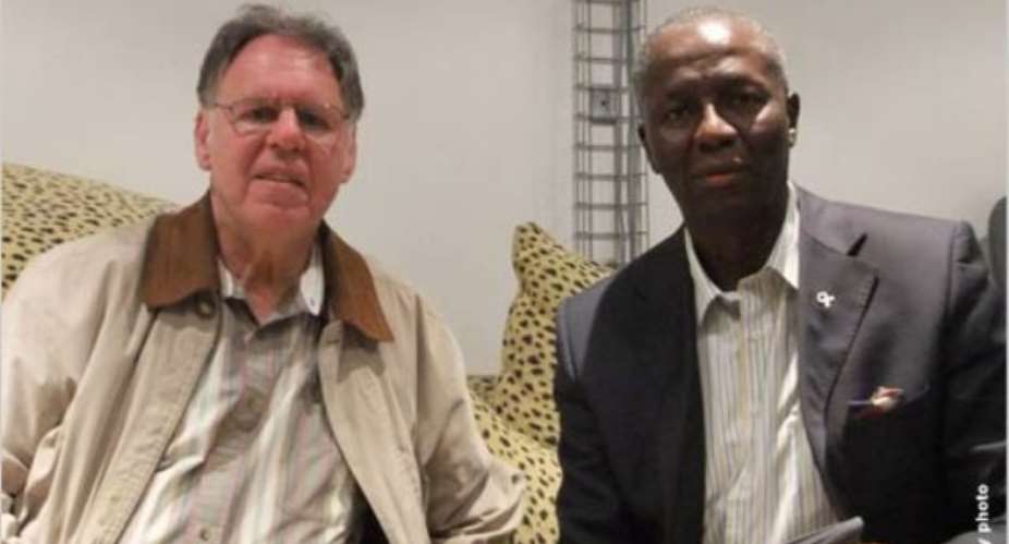 Chuck Korr and Dikgang Moseneke (on right), co-founder of the Robben Island Makana prisoner soccer league