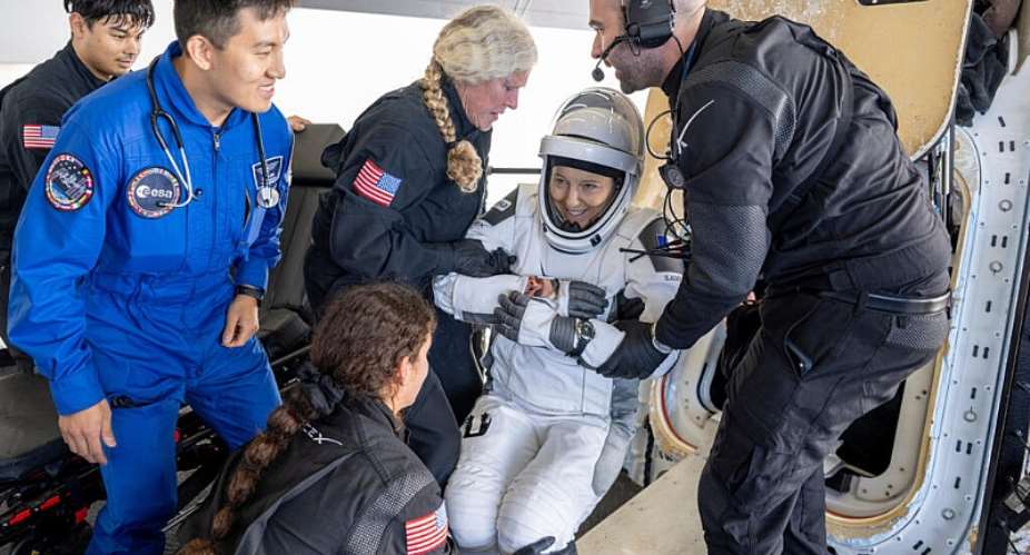 European Space Agency astronaut Sophie Adenot is helped out of the SpaceX Dragon Freedom spacecraft aboard the SpaceX recovery ship Shannon after splashdown in the Pacific Ocean off the coast of California, on 8 October, 2026. - NASA via AP - Keegan Barber