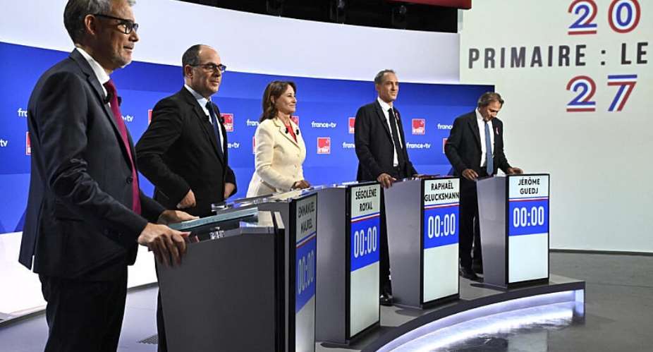 Candidates in the Socialist (PS) and centre-left Place Publique (PP) parties primary ahead of Frances 2027 presidential election (From L) Olivier Faure, Emmanuel Maurel, Sgolne Royal, Raphael Glucksmann and Jerome Guedj, during a debate broadcasted live on public TV channel France 2 on 1 October, 2026. - AFP - JULIEN DE ROSA