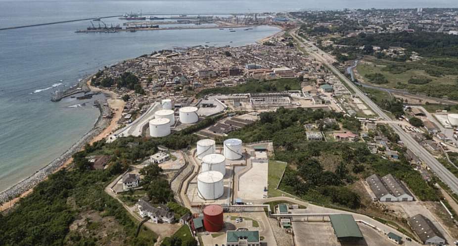 Aerial view showing fuel depots along Ghanas western coast in Takoradi in 2019. Membership of the Brics bloc would widen Ghanas trade options. -  AFP/Cristina Aldehuela