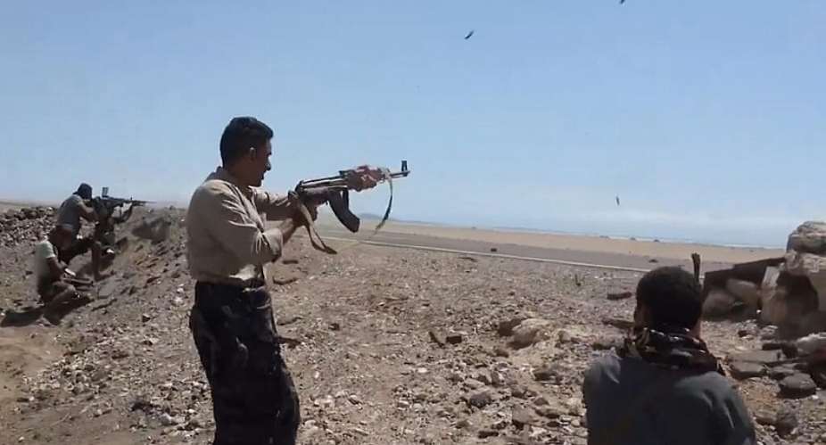 This image was taken from an undated video released on October 5, 2026, by the Yemeni government-allied Southern Giants Brigades media office. The group says it shows its fighters exchanging fire with the Iran-backed Houthi group in Dhobab district, Taiz, Yemen. -  Southern Giants Brigades Media Office via AP