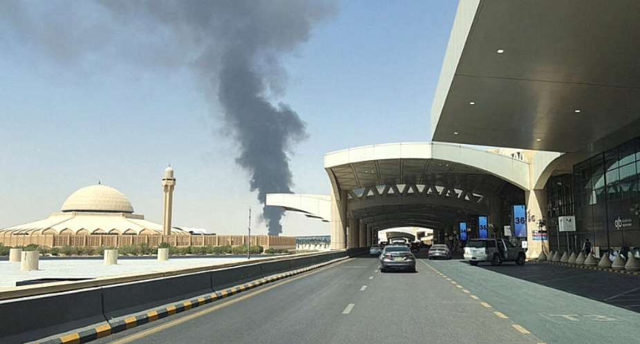 This file photo shows a plume of black smoke rising from the fuel storage area at King Khalid International Airport, in Riyadh, Saudi Arabia, on September 19, 2026. -  Stringer, Reuters