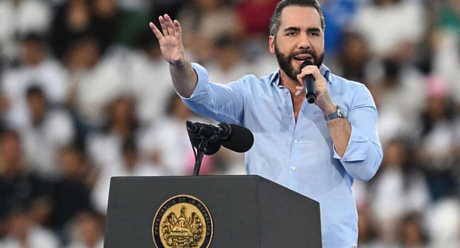 El Salvadors President Nayib Bukele speaks during a meeting with more than 30,000 students at a stadium in San Salvador on August 23, 2026. -  Marvin Recinos, AFP