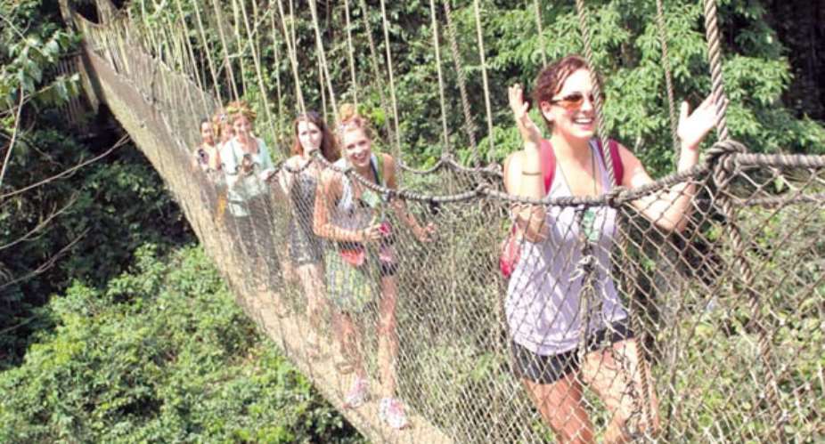 Some visitors using the Bunso Arboretum canopy walkway