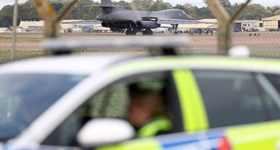 A B-1B Lancer bomber arrives at RAF Fairford airbase in Gloucestershire, Britain, on September 29, 2026. -  Toby Shepheard, Reuters