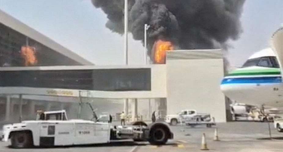 Smoke and flames rise from King Khalid Airport, after Yemens Iran-backed Houthis said they attacked the airport, in Riyadh, Saudi Arabia, October 8, 2026. -  Reuters