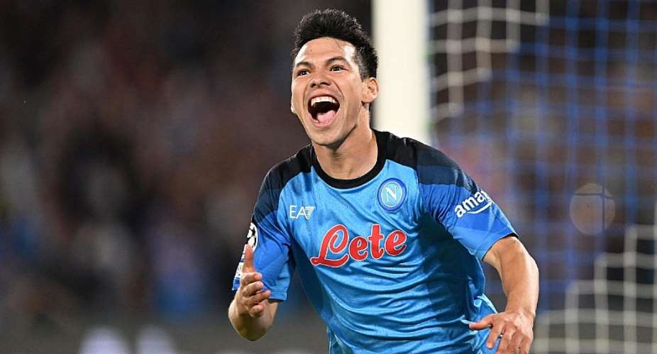 NAPLES, ITALY - OCTOBER 12: Hirving Lozano of SSC Napoli celebrates after scoring the first goal during the UEFA Champions League group A match between SSC Napoli and AFC Ajax at Stadio Diego Armando Maradona on October 12, 2022 in Naples, Italy. (Photo bImage credit: Getty Images