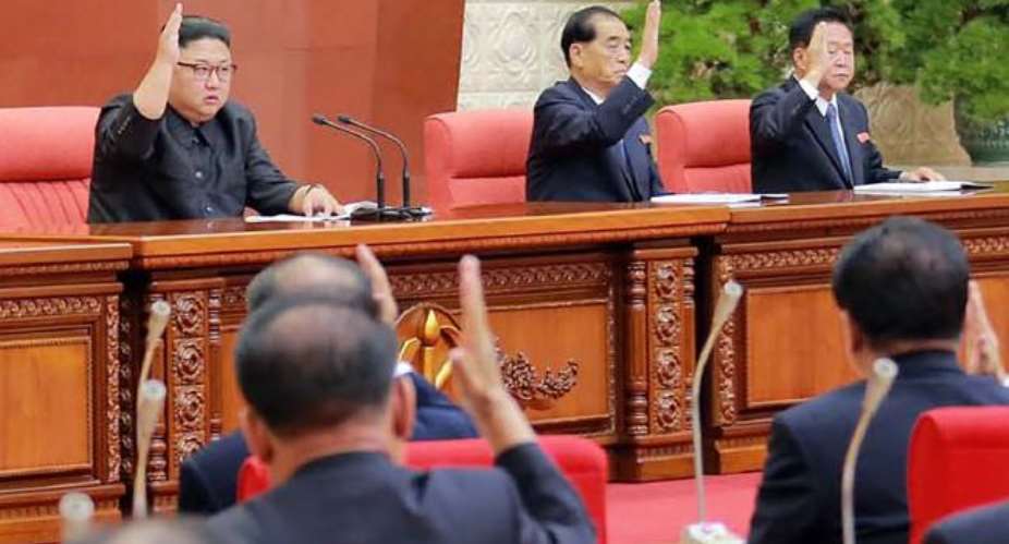 Kim Jong-un (C) attends the Second Plenum of the 7th Central Committee of the Workers Party of Korea (WPK) in Pyongyang. Picture: AFP.