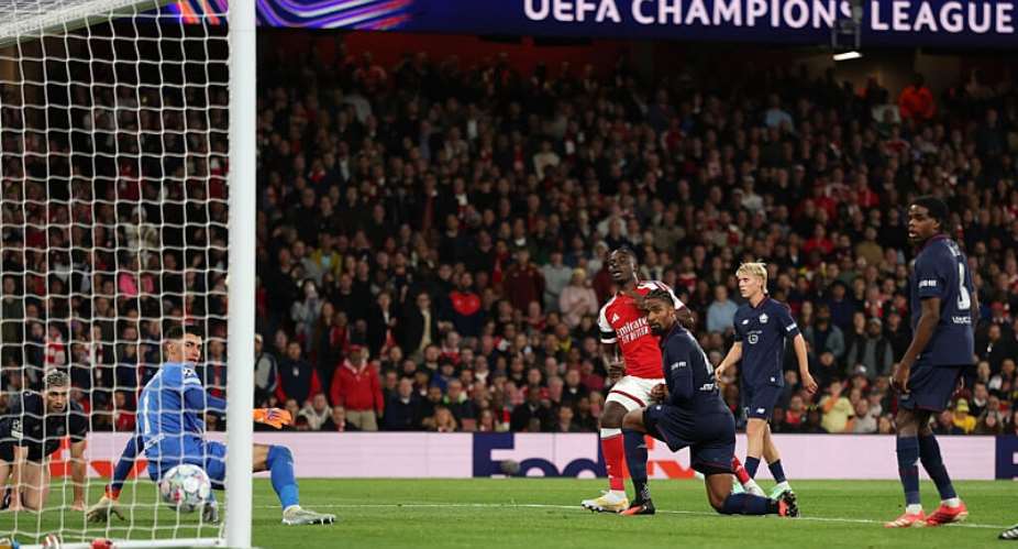 Arsenal midfielder Bukayo Saka scored his teams third goal against Lille in the Champions League at Londons Emirates Stadium on October 13, 2026. -  Adrian Dennis, AFP
