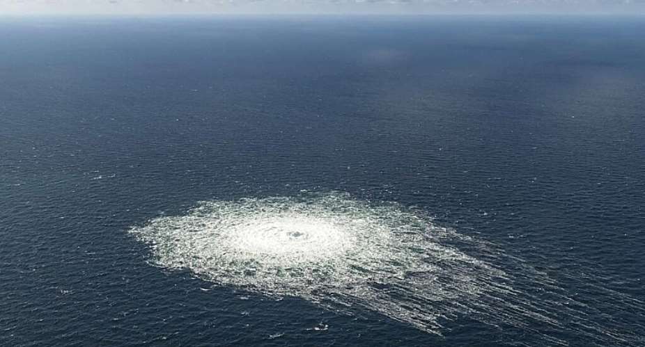 A large disturbance in the sea can be observed off the coast of the Danish island of Bornholm Tuesday, Sept. 27, 2022 following a series of unusual leaks on two natural gas pipelines running from Russia under the Baltic Sea to Germany have triggered concerns about possible sabotage. -  Danish Defence Command via AP