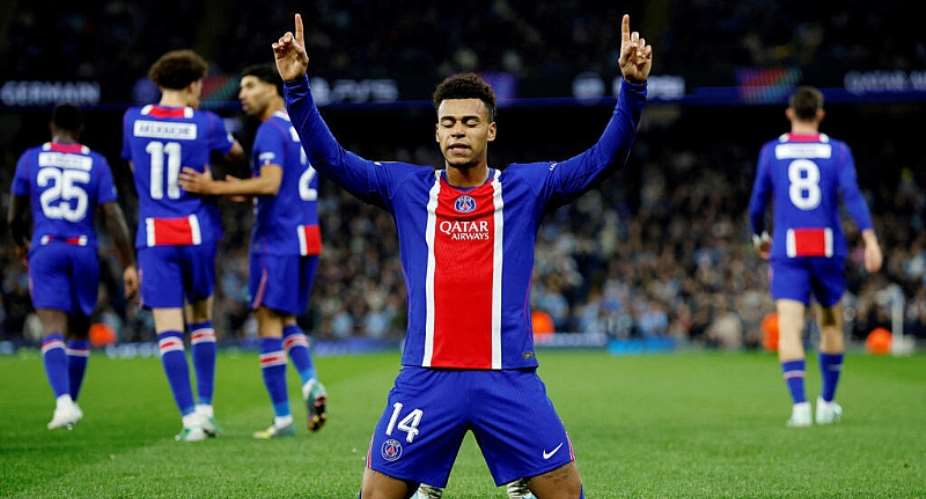 Paris St Germains Desire Doue celebrates scoring their first goal against Manchester City, October 14, 2026. -  Jason Cairnduff, Reuters