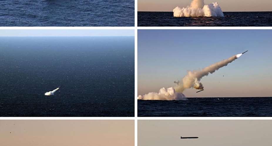 A combination picture shows what KCNA says are two types of submarine-launched strategic cruise missiles being tested on October 14, 2026. -  KCNA, via Reuters