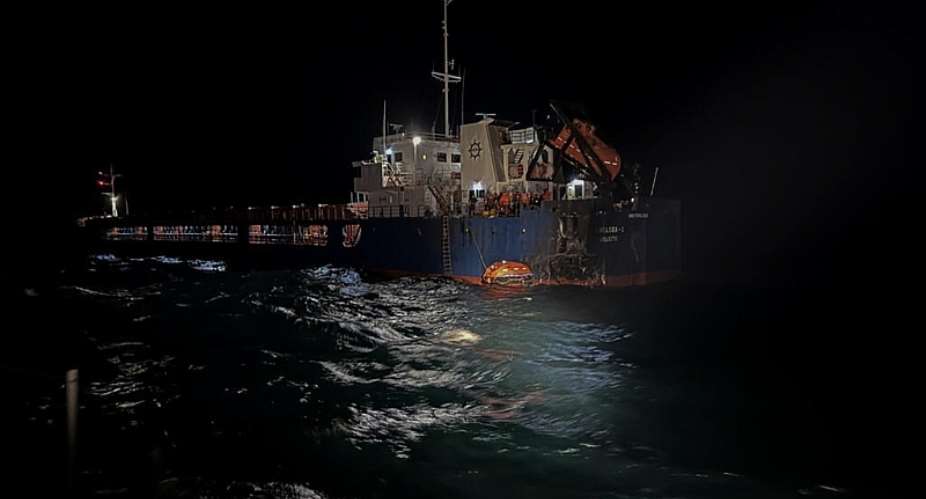 A handout photograph released by Bulgarias Interior Ministry on October 13, 2026, shows the Ukrainian-owned cargo ship Chelsea 3 which was hit by three aerial drones in Bulgarias exclusive economic zone in Black Sea. -  Handout from Ministry of Interior Bulgaria via AFP