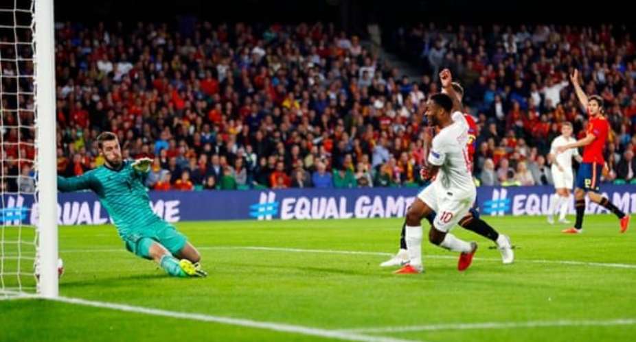 Raheem Sterling scores his second, and England's third, goal in front of a disbelieving crowd in Seville. Photograph: Eddie Keogh for The FARexShutterstock