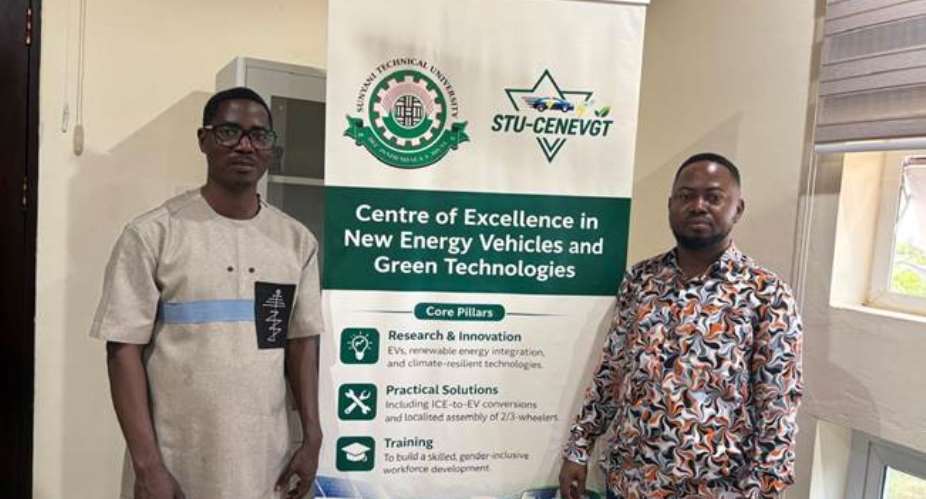 Dr. James Adu Ansere (left), Co-Investigator, and Engr. Dr. Samuel Jonas Yeboah (right), Principal Investigator, beside the Centres official banner at Sunyani Technical University.