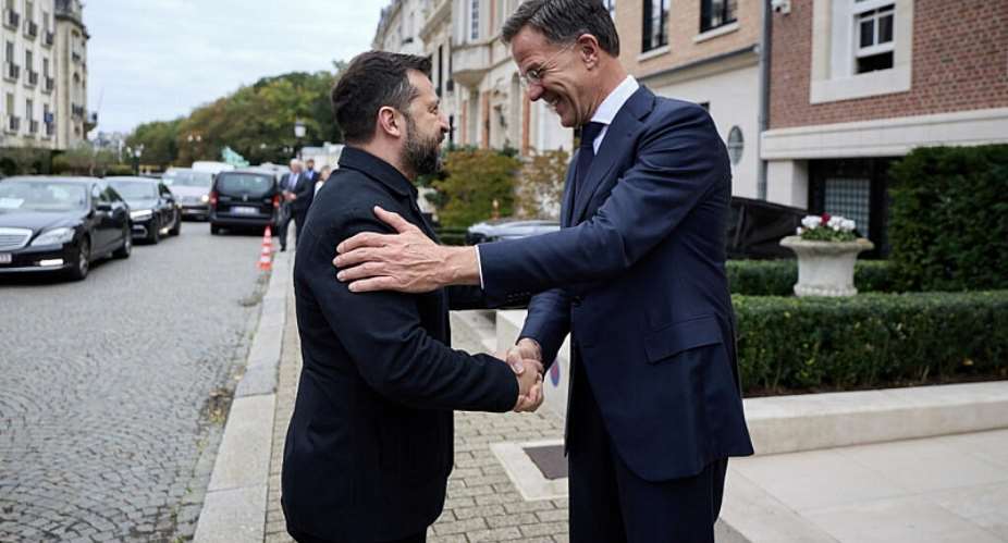 This photo released by the Ukrainian Presidents press office on October 15, 2026, shows Ukrainian President Volodymyr Zelensky (left) and NATO Secretary General Mark Rutte during a meeting on the sidelines of an EU summit in Brussels. -  AFP