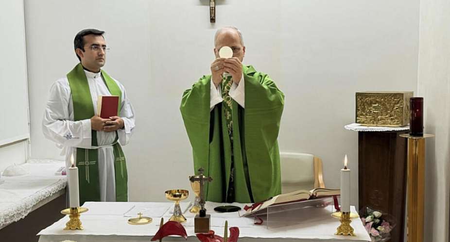 Pope Leo XIV leads a mass at the Gemelli University Hospital in Rome on October 16, 2026 after undergoing surgery to remove a cancerous tumour from his right lung. -  Vatican media handout via AFP