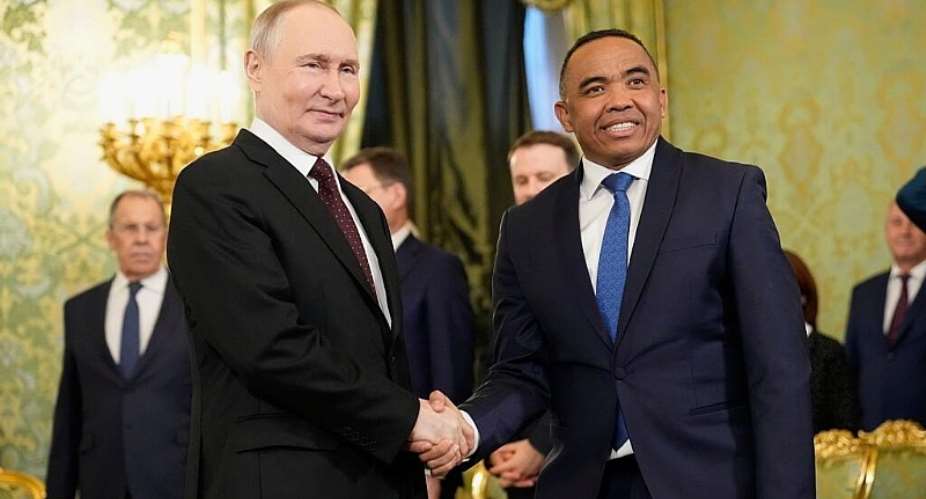 Russian President Vladimir Putin, left, shakes hands with Madagascar’s President Michal Randrianirina during a meeting at the Kremlin in Moscow on 19 February 2026, as ties between the two countries deepen. - AP - Alexander Zemlianichenko