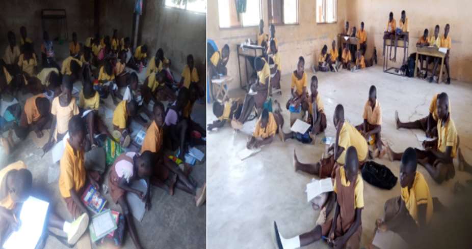 Pupils sitting on bare floor during lesson period at Nayorigo Primary School