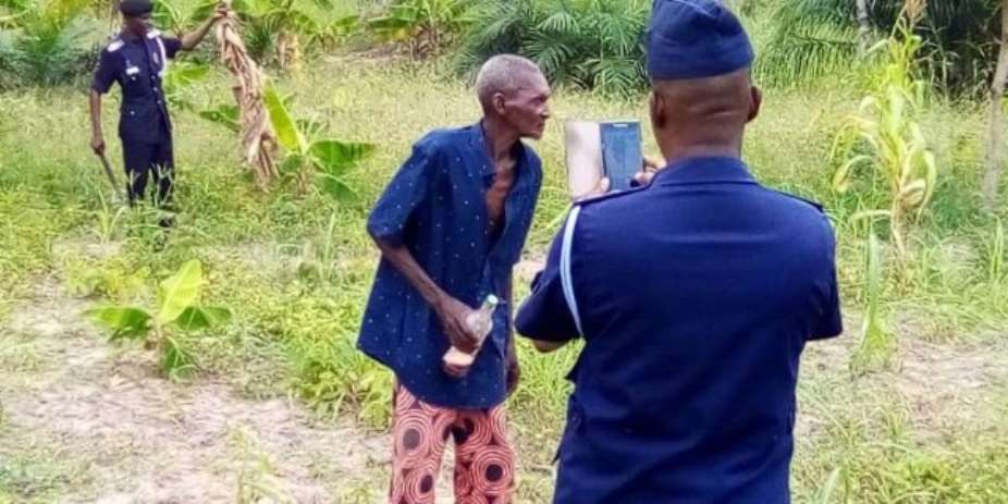77-year-old suspect, Opanin Kwadwo Sampene on the farm after his arrest