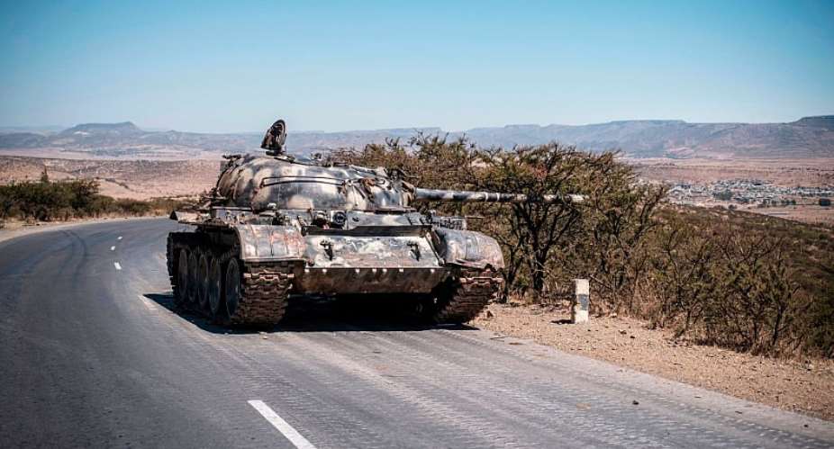 A damaged tank on the road north of Mekelle, the capital of Tigray, in February 2021.  - Source: Eduardo SoterasAFP via Getty Images