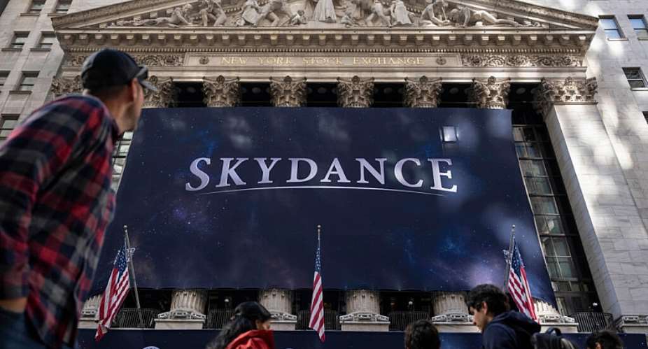 Skydances company logo is displayed outside the New York Stock Exchange on October 8, 2026. -  Yuki Iwamura, AP