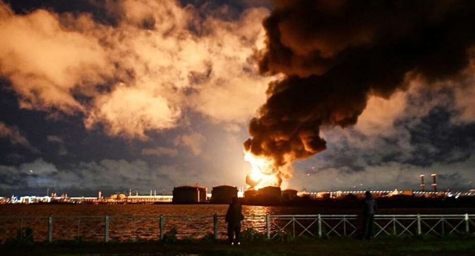 An oil terminal ablaze in Saint Petersburg following Ukrainian drone attacks on October 18 2026, in Russia. -  AFP