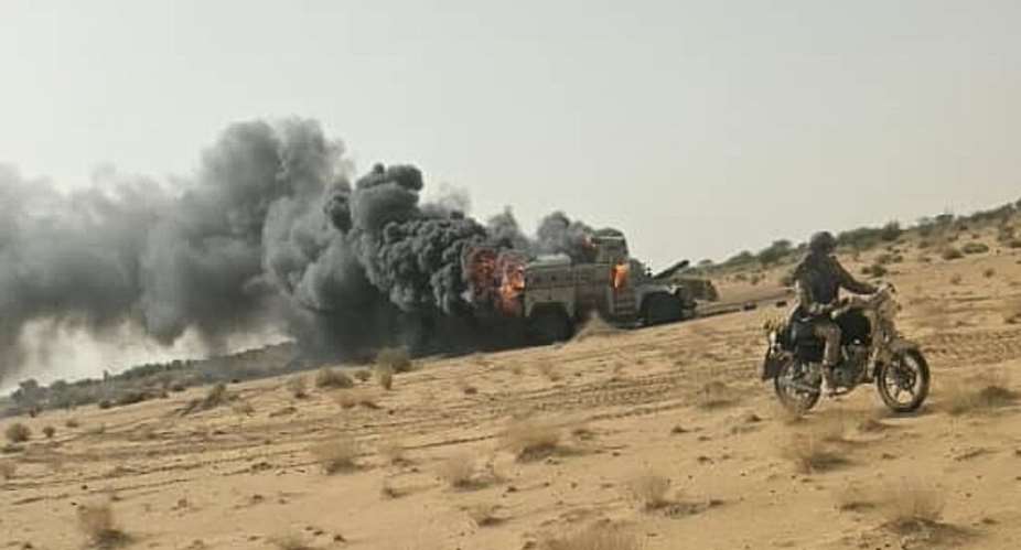 A photo released by the Azawad Liberation Front (FLA) shows what they say is the aftermath of an attack by FLA separatist and jihadist militants in Gao, northern Mali on 18 July, 2026, - Azaward Liberation Front via AP