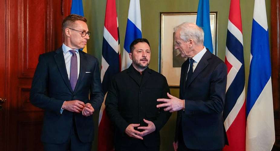 Ukrainian President Volodymyr Zelensky meets Norwegian Prime Minister Jonas Gahr Store and Finnish President Alexander Stubb in Oslo on October 20, 2026. -  Heiko Junge, via Reuters