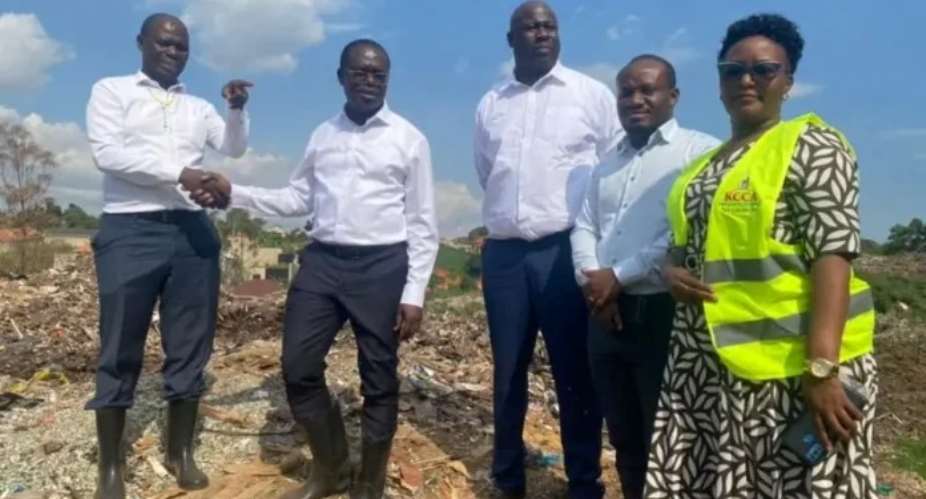 Ghanas Jospong Group Chairman and Ugandan officials at the Kiteezi landfill site. Photo Credit: Myjoyonline.com