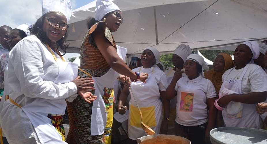 Ms. Kefilwe Moalosi, Nutrition Project Manager of the AUDA-NEPAD left and Mrs. Cynthia Morrison, Gender Minister leading the cooking demo