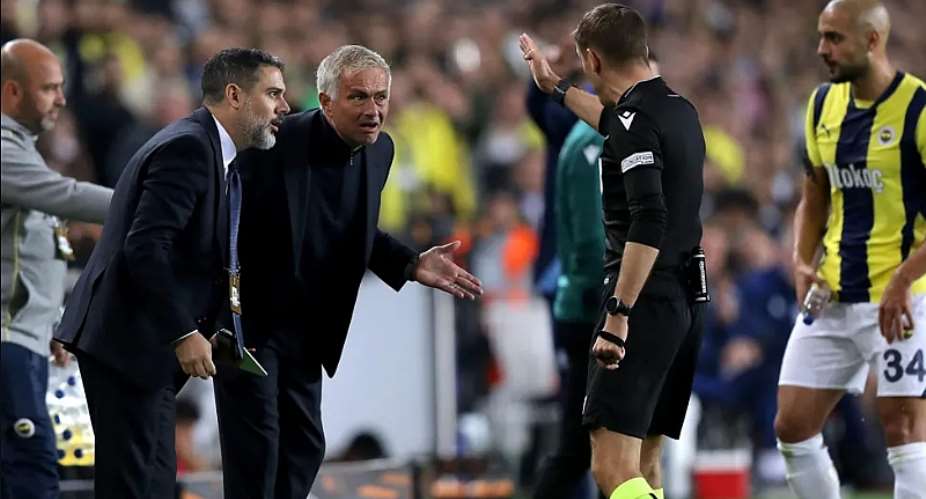 Getty ImagesImage caption: Fenerbahce manager Jose Mourinho was shown a red card by referee Clement Turpin in the second half