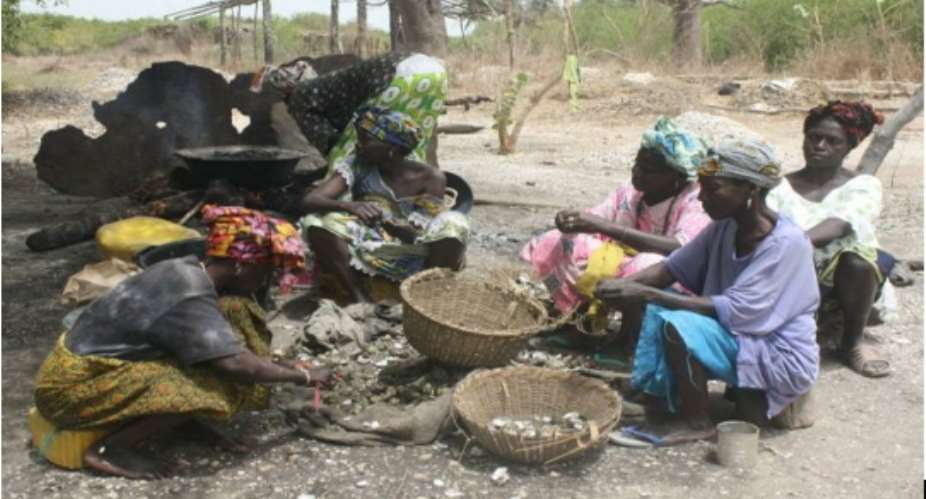 Women shelling oysters in the Gambia