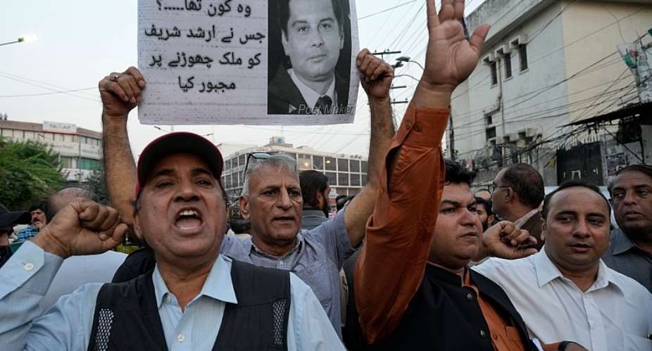 Journalists hold a demonstration to condemn the killing of Pakistani journalist Arshad Sharif by Kenyan police, in Lahore, Pakistan, on Monday, October 24, 2022. AP PhotoK.M. Chaudary