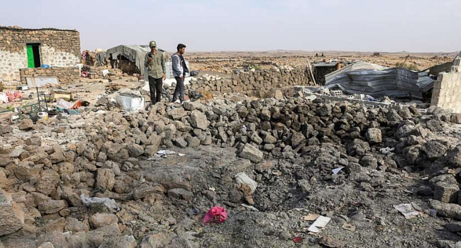 People inspect the damage at a site targeted by Jordanian airstrikes on the village of Al-Taf in Syrias Al-Lajat region on October 27, 2026. -  Bakr Alkasem, AFP