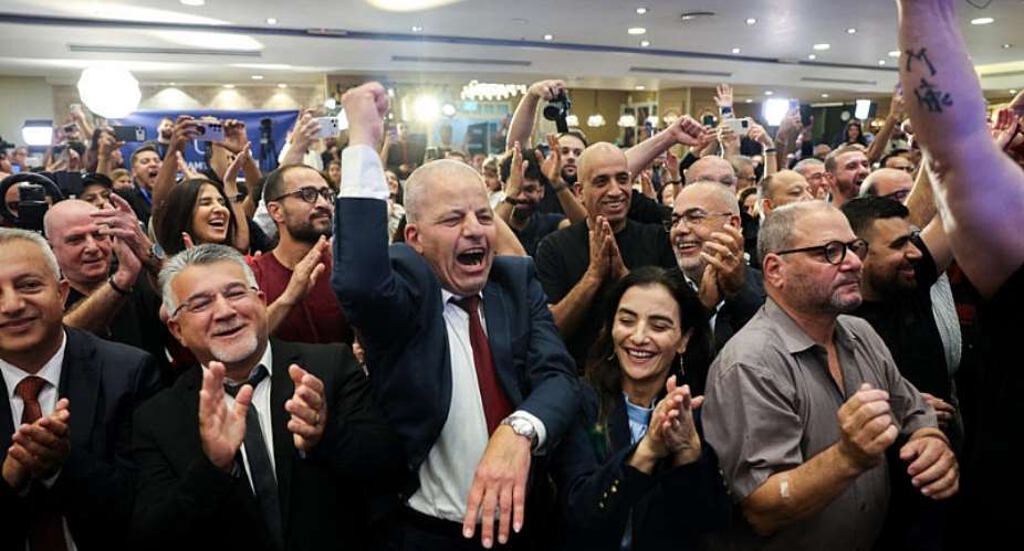 Yousef Jabareen, leader of Israels Arab-led Joint List political alliance, celebrate bloc’s results in the northern Israeli city of Nazareth on October 27, 2026. -  Ahmad Gharabli, AFP