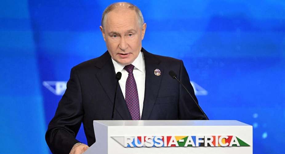 Russian President Vladimir Putin gives a speech during the Russia-Africa economic and humanitarian forum at the Gostiny Dvor conference centre in central Moscow on October 28, 2026. -  Igor Ivanko, AFP