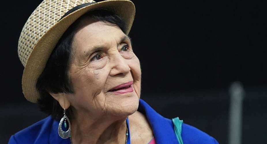 File: Dolores Huerta, the labour leader, civil rights activist and co-founder of the National Farm Workers Association, is seen at the California Democratic Partys 2025 State Convention at the Anaheim Convention Center in Anaheim, California on May 31, 2025. -  Damian Dovarganes, AP