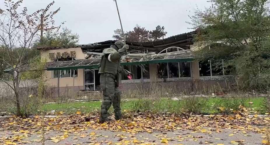 A screengrab taken from video footage released on October 29, 2026 shows what the Russian military says is its sappers conducting demining operation in the vicinity of the city of Oleshky in the Kherson region. -  Russian Defence Ministry, AFP