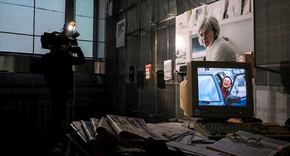 A memorial for murdered Russian reporter Anna Politkovskaya at the office of the Novaya Gazeta newspaper in Moscow, in October 2021. -  Natalia Kolesnikova, AFP file photo