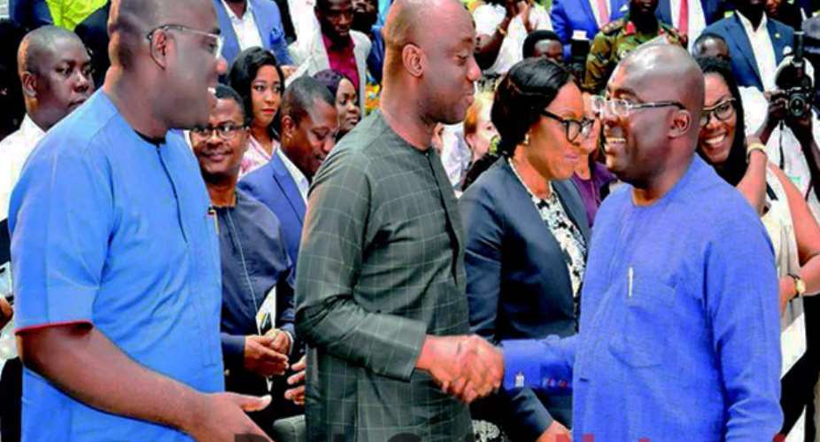 Vice-President Dr. Mahamudu Bawumia exchanging pleasantries with Justin Kodua Frimpong, CEO, YEA and Sammi Awuku left, Board Chairman, YEA, at the launch of YEA Job Centre. Picture by Gifty Ama Lawson.