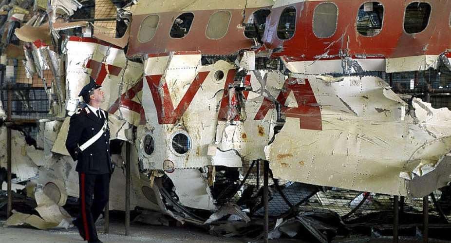 The reconstructed wreckage of Itavia Flight 870, which crashed near the island of Ustica in June 1980. -  Emiliano Grillotti, AP