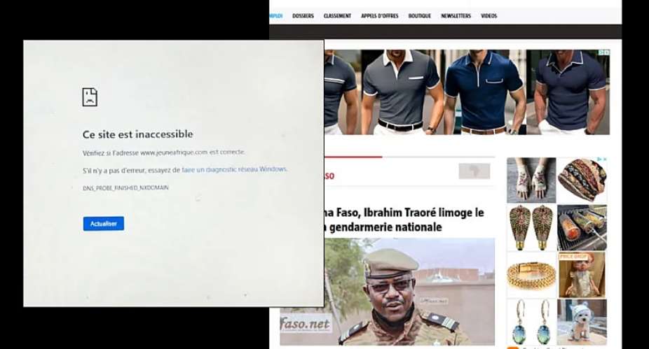 Burkinab authorities suspended access to Jeune Afrique on September 25, 2023. The website became inaccessible within the country after the suspension. Screenshots: Djakaria Siribi, CPJ