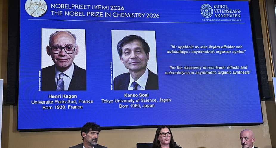 Portraits of  the Frenchman Henri Kagan (left) and Kenso Soai (right) from Japan were shown on a screen at the Royal Swedish Academy of Sciences in Stockholm as they were awarded the 2026 Nobel Prize in Chemistry. - Fredrik Sandberg/TT News Agency  - Fredrik Sandberg