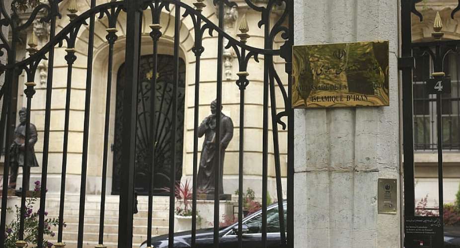 A police officer stands guard outside the Iranian embassy and consulate in Paris on Friday, April 19, 2024. -  Thomas Padilla, AP