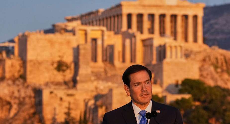 U.S. Secretary of State Marco Rubio speaks at the Pnyx hill, where ancient Athenians held democratic assemblies, with the ancient Parthenon temple atop the Acropolis in the background, in Athens,Wednesday, Oct. 7, 2026. - Mark Schiefelbein/Pool AP via AP - Mark Schiefelbein