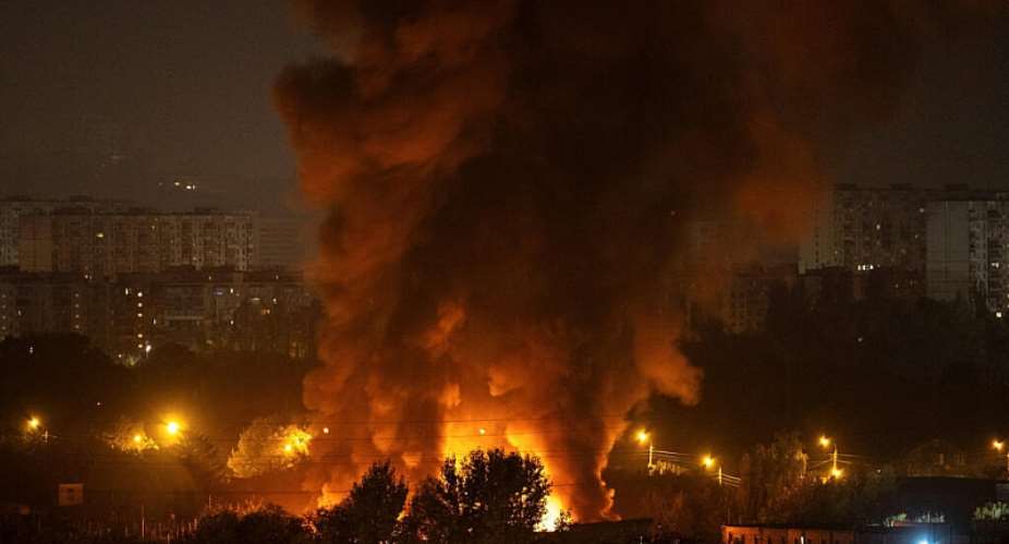 Fire and smoke rise in the city during a Russian missile and drone strike in Kyiv, Ukraine on October 7, 2026 -  Vladyslav Sodel, Reuters
